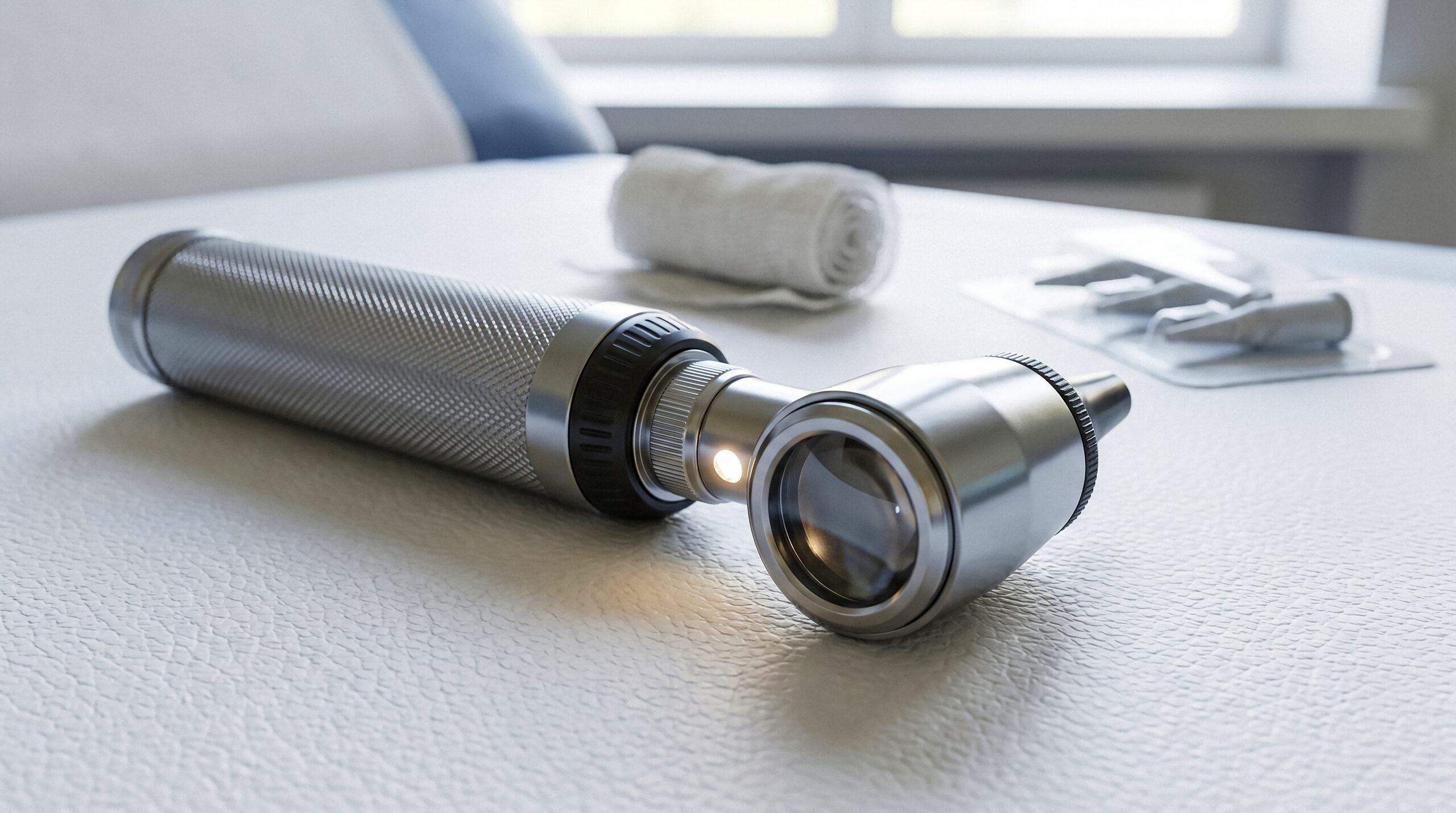 Medical Otoscope Instrument for Ear Examination on White Surface